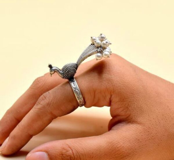 Oxidized silver trendy peacock adjustable ring