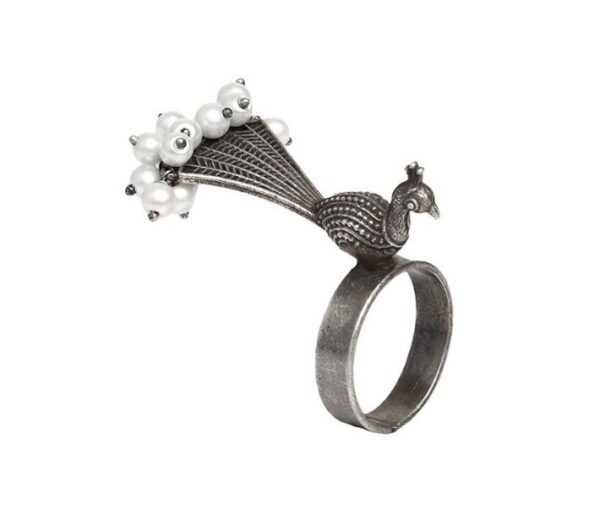 Oxidized silver trendy peacock adjustable ring