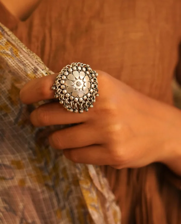 Silver Lookalike Brass Oxidized Boho Crescent Ring – Adjustable