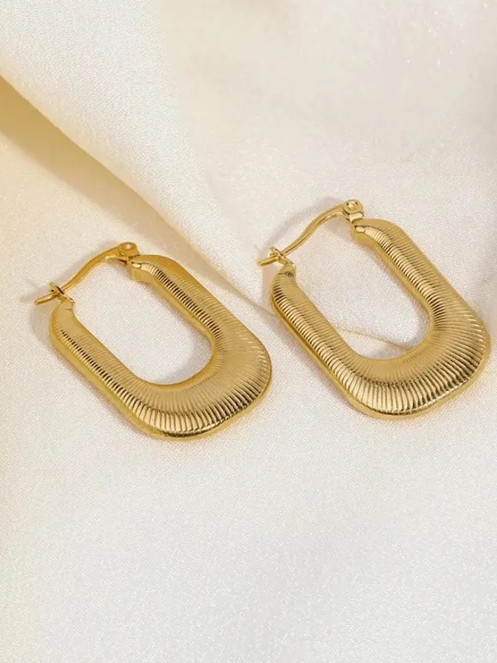 18K Gold Textured Rectangular Hoop Earrings: Waterproof Statement Jewelry