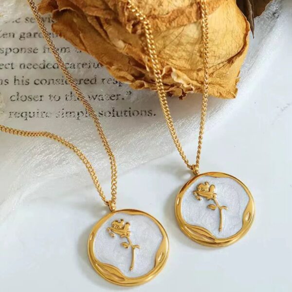 Dainty White Enamel Pendant Necklace for Women - Gold Rose Design