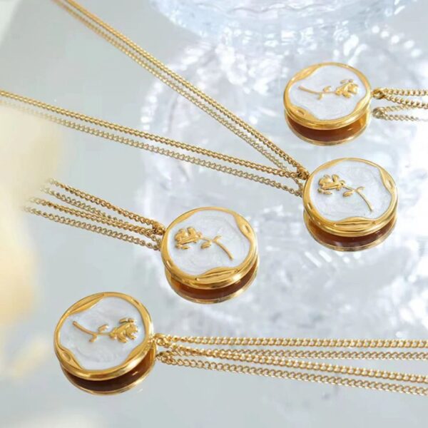 Dainty White Enamel Pendant Necklace for Women - Gold Rose Design