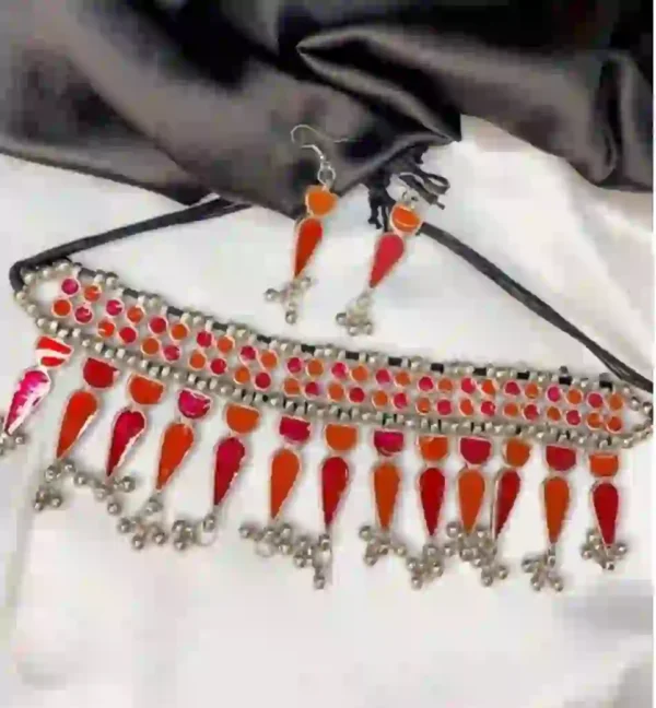Silver Oxidised Choker Necklace afgani meenakari choker set with earrings.