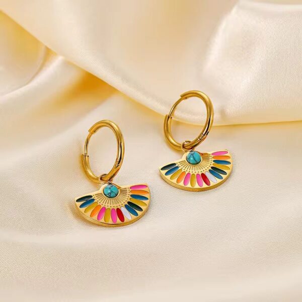 Colorful Enamel Stainless Steel fan geometric bohemian Rainbow drop hoop earrings