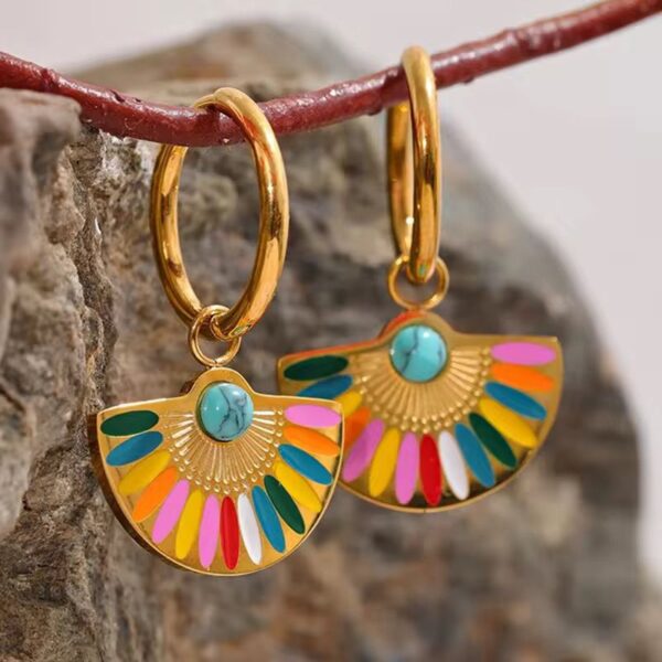 Colorful Enamel Stainless Steel fan geometric bohemian Rainbow drop hoop earrings