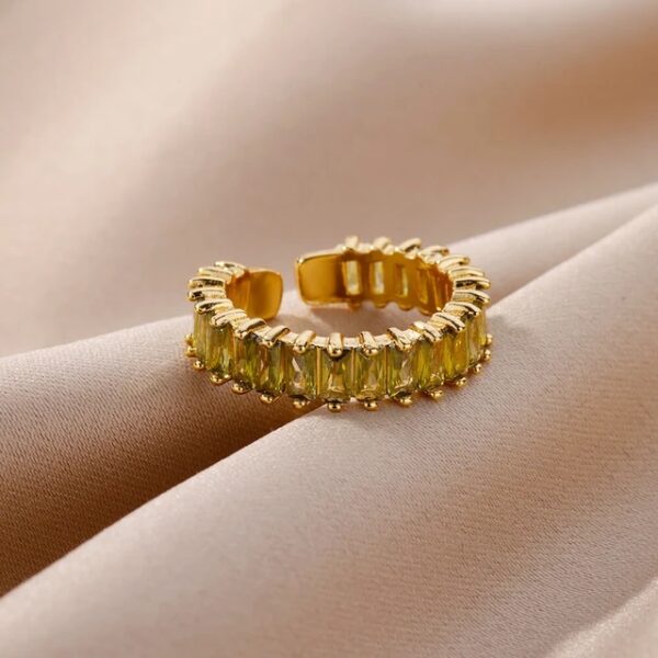 Olive green Colorful Square Zircon Stainless Steel Rings Luxury Gold Color Open Finger Ring for Women