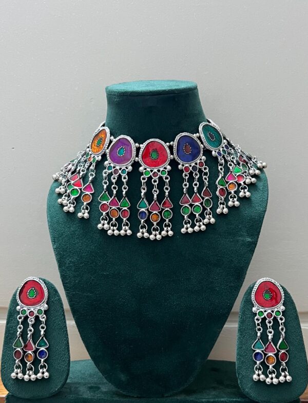Silver Oxidised Choker Necklace afgani meenakari choker set with earrings