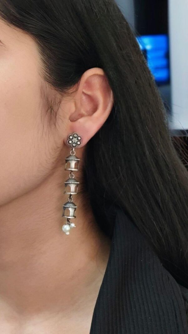Traditional three Layer Beautiful Pearl Temple Earrings In silver lookalike Finish