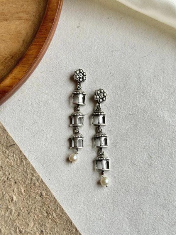 Traditional three Layer Beautiful Pearl Temple Earrings In silver lookalike Finish