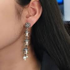 Traditional three Layer Beautiful Pearl Temple Earrings In silver lookalike Finish