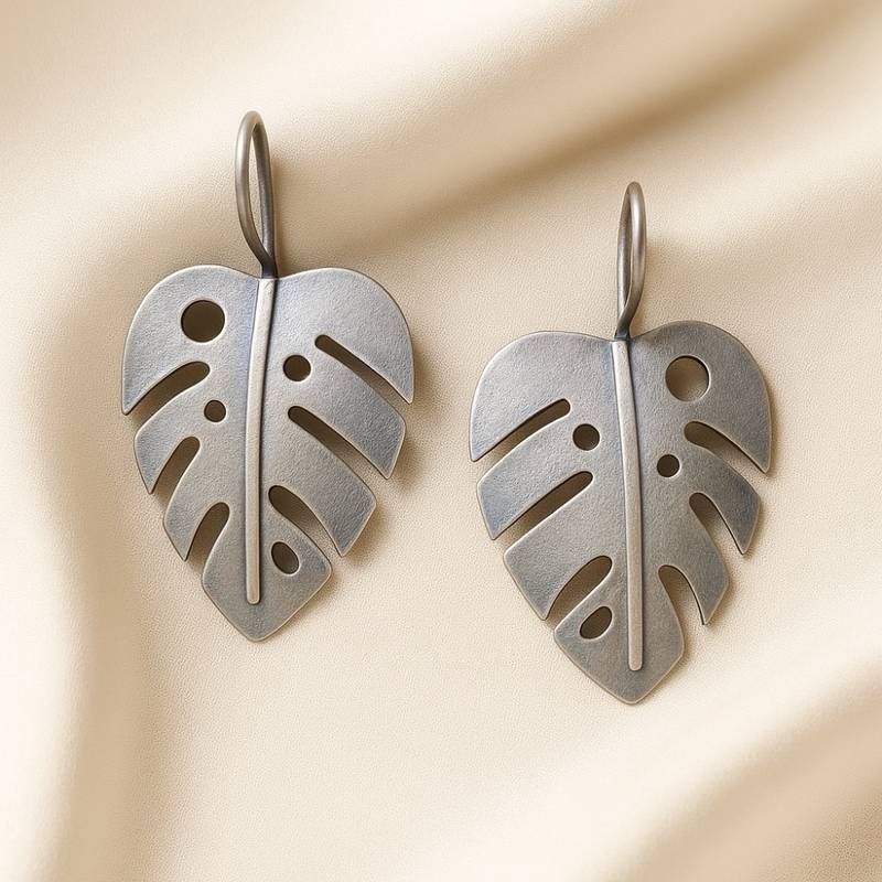 Palm leaf Silver look alike Oxidised earrings with fish hook