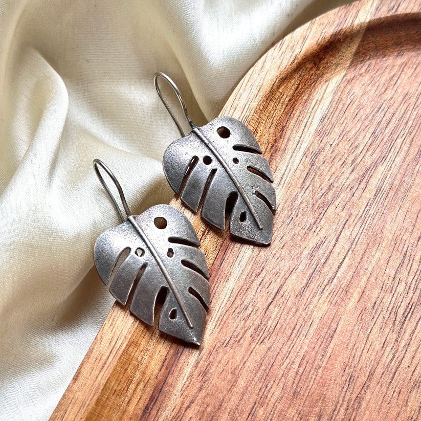 Palm leaf Silver look alike Oxidised earrings with fish hook