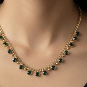 gold-plated chain adorned with multiple green stone charms and small gold bead accents necklace