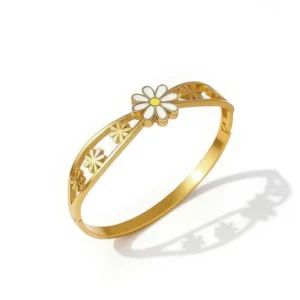 Gold Plated Stainless Steel Floral Themed Anti Tarnish Bangle Style Bracelet