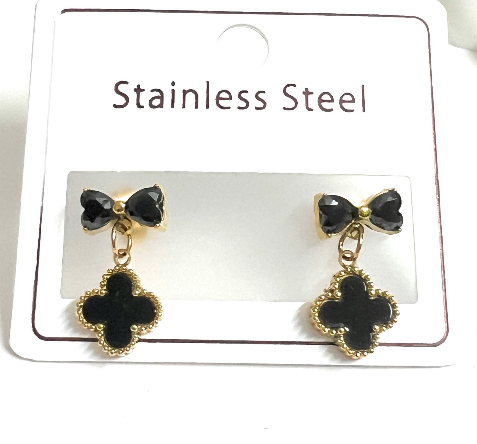 Stainless Steel Black Clover Bow Earrings